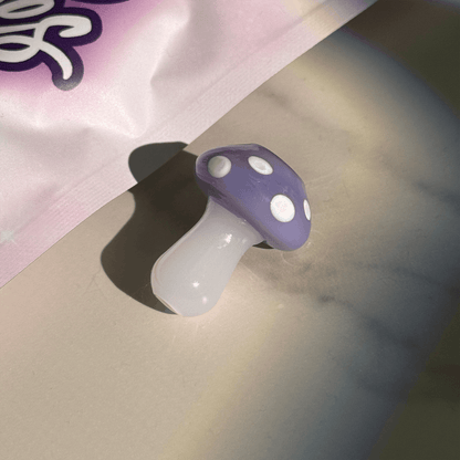 Handmade magic mushroom glass joint holder by BudBabes, front view
