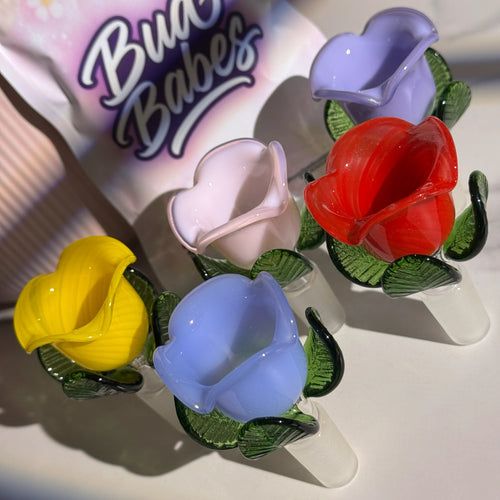 Handmade flower glass bong bowls by BudBabes in five colours