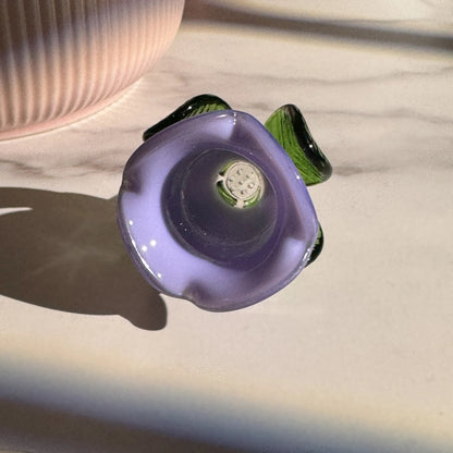 Purple flower glass bong bowl by BudBabes, top view